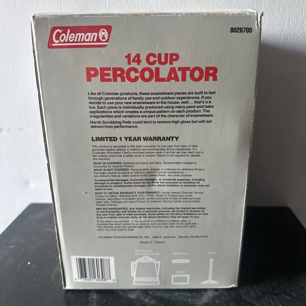 Coleman New 14 Cup Blue Porcelain Enamel Steel Percolator Dishwasher Safe New